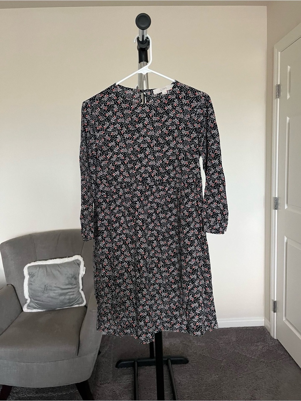 LOFT Black Floral Long Sleeve Swing Dress with Pink & White Blossoms